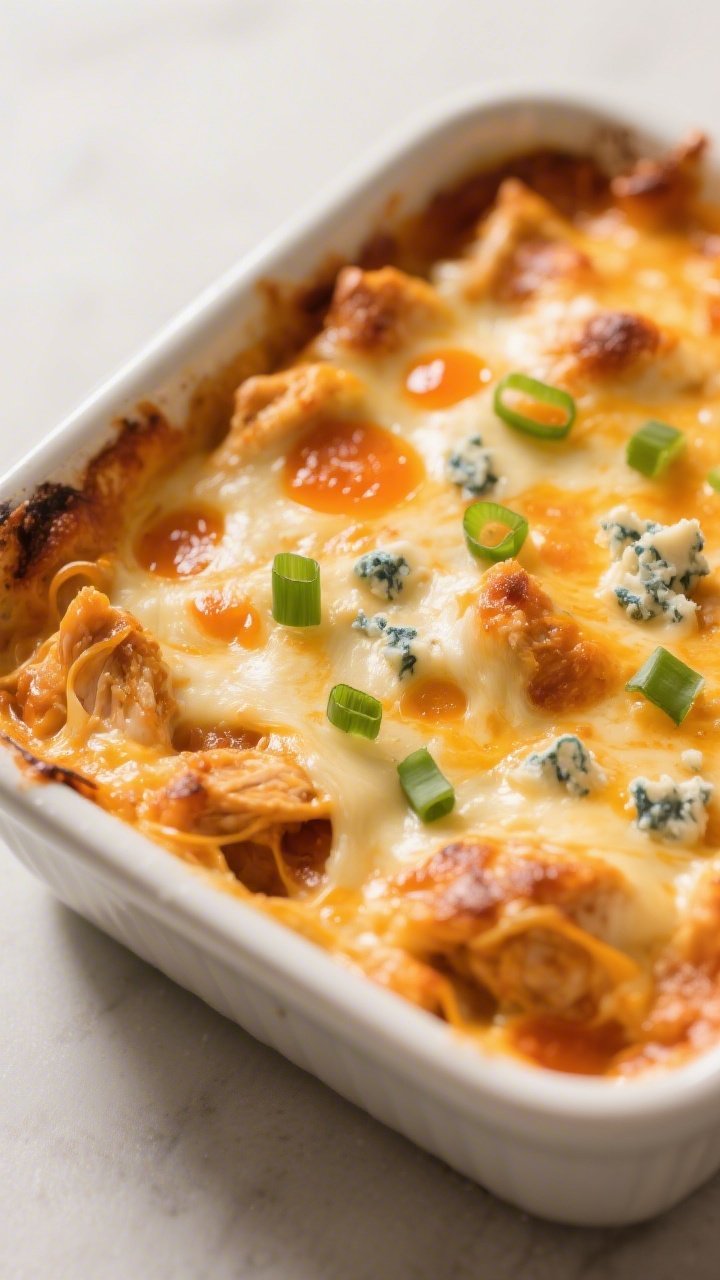 Close-up detail: A bubbling buffalo chicken dip just out of the oven in an 8x8 baking dish, golden-b