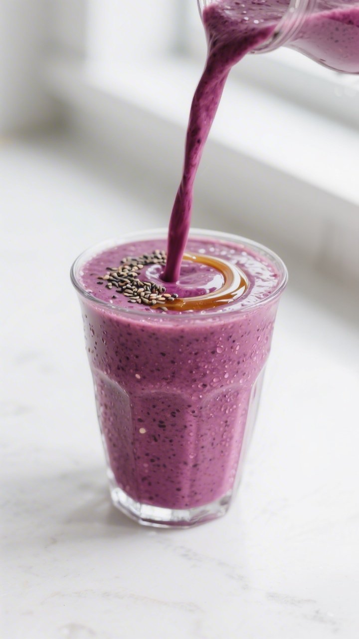Close-up detail: A freshly blended Classic Berry Spinach Smoothie being poured in a slow ribbon into