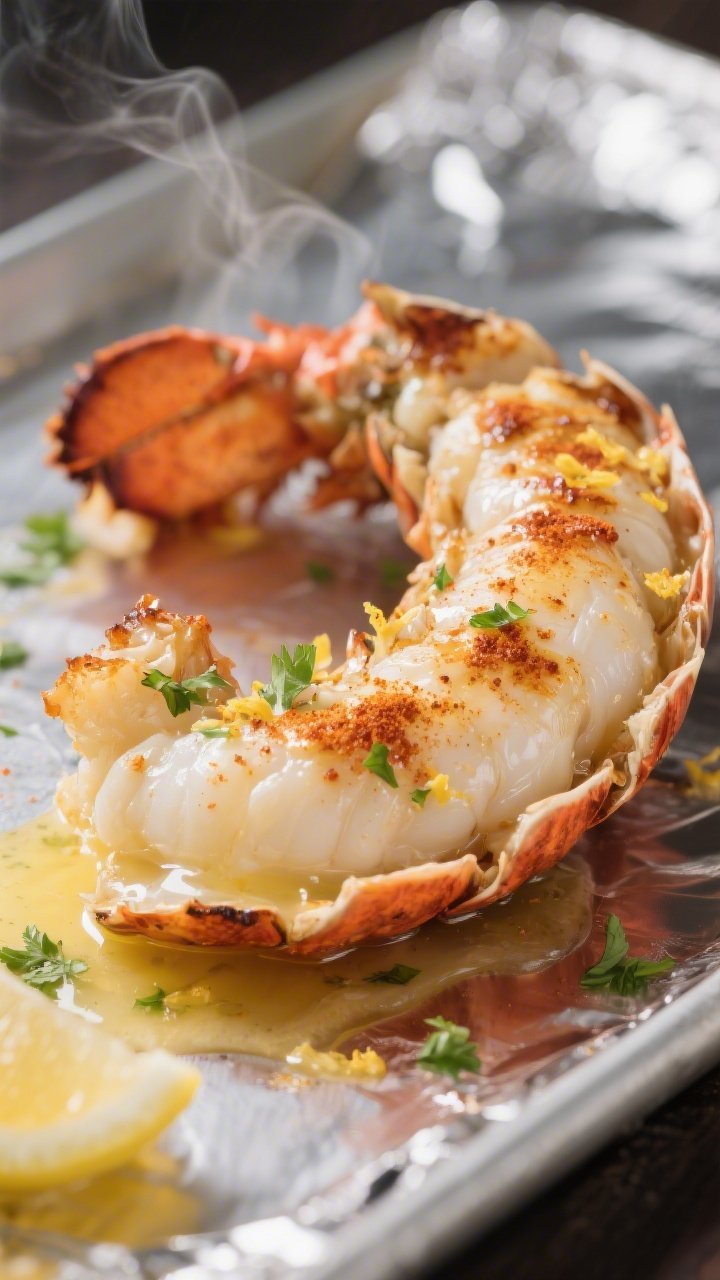 Close-up detail: Broiled lobster tail meat perched on its butterflied shell, glistening with melted 
