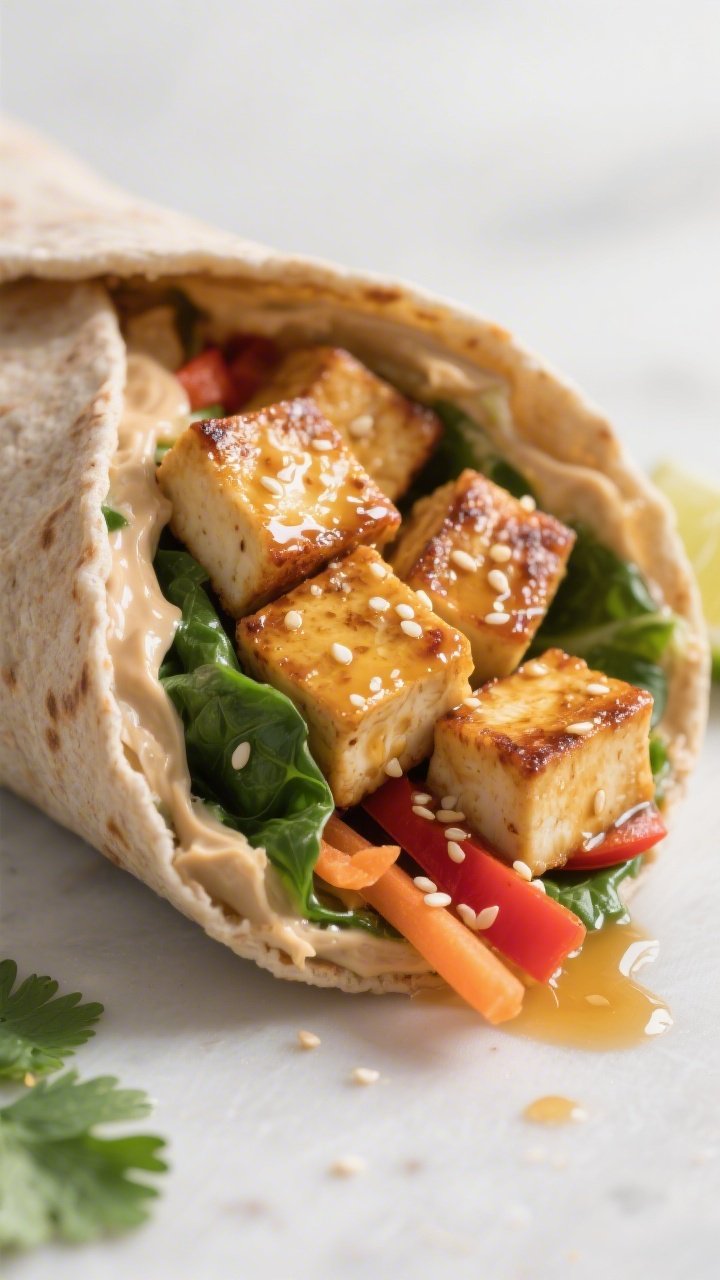 Close-up detail: Golden pan-seared sesame tofu cubes glistening with soy-sesame glaze nestled in a j
