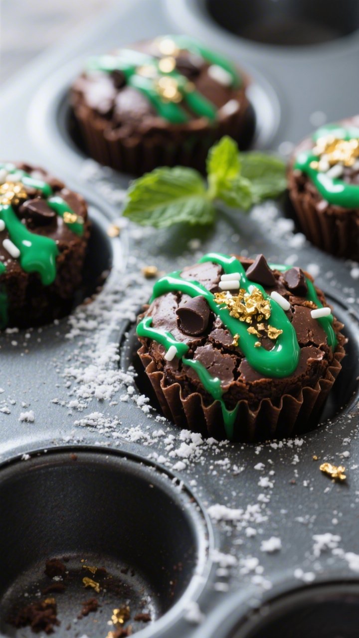 Close-up detail: Mint Chocolate Brownie Bites just out of the mini muffin tin, glossy green candy me