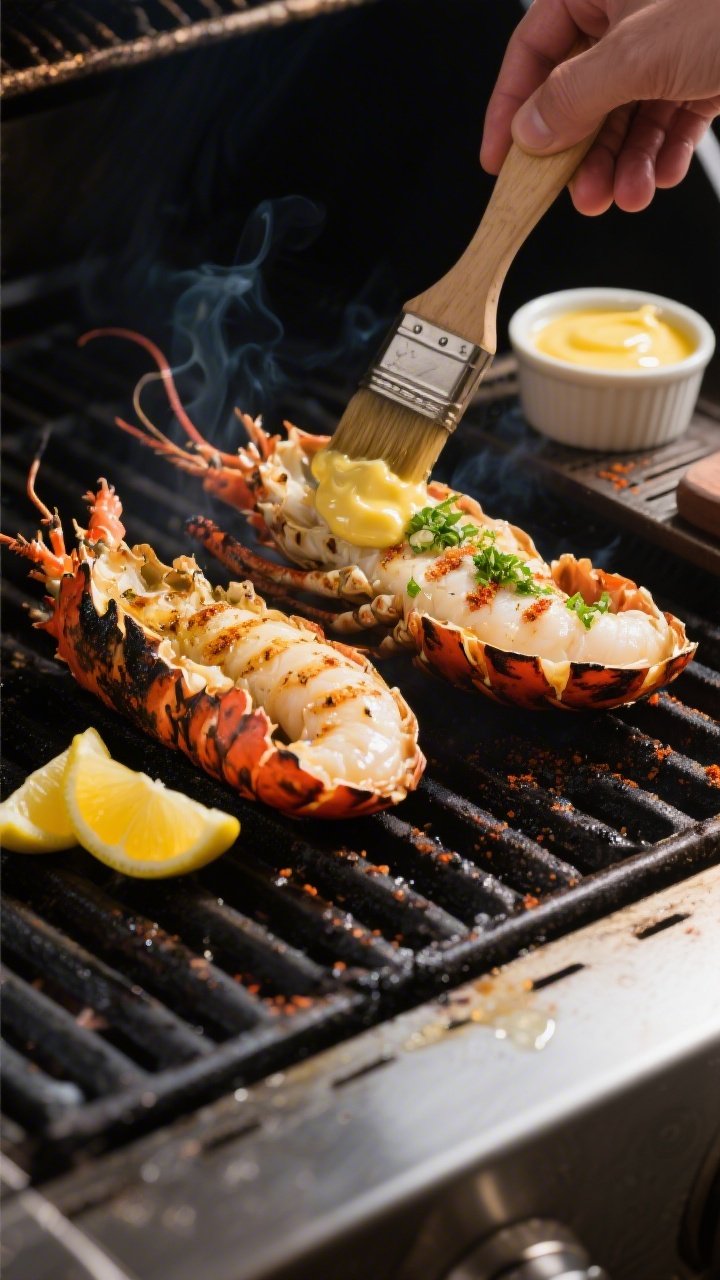Cooking process: Grilled lobster tails cut-side up on hot grates, shells charred at the edges, meat 
