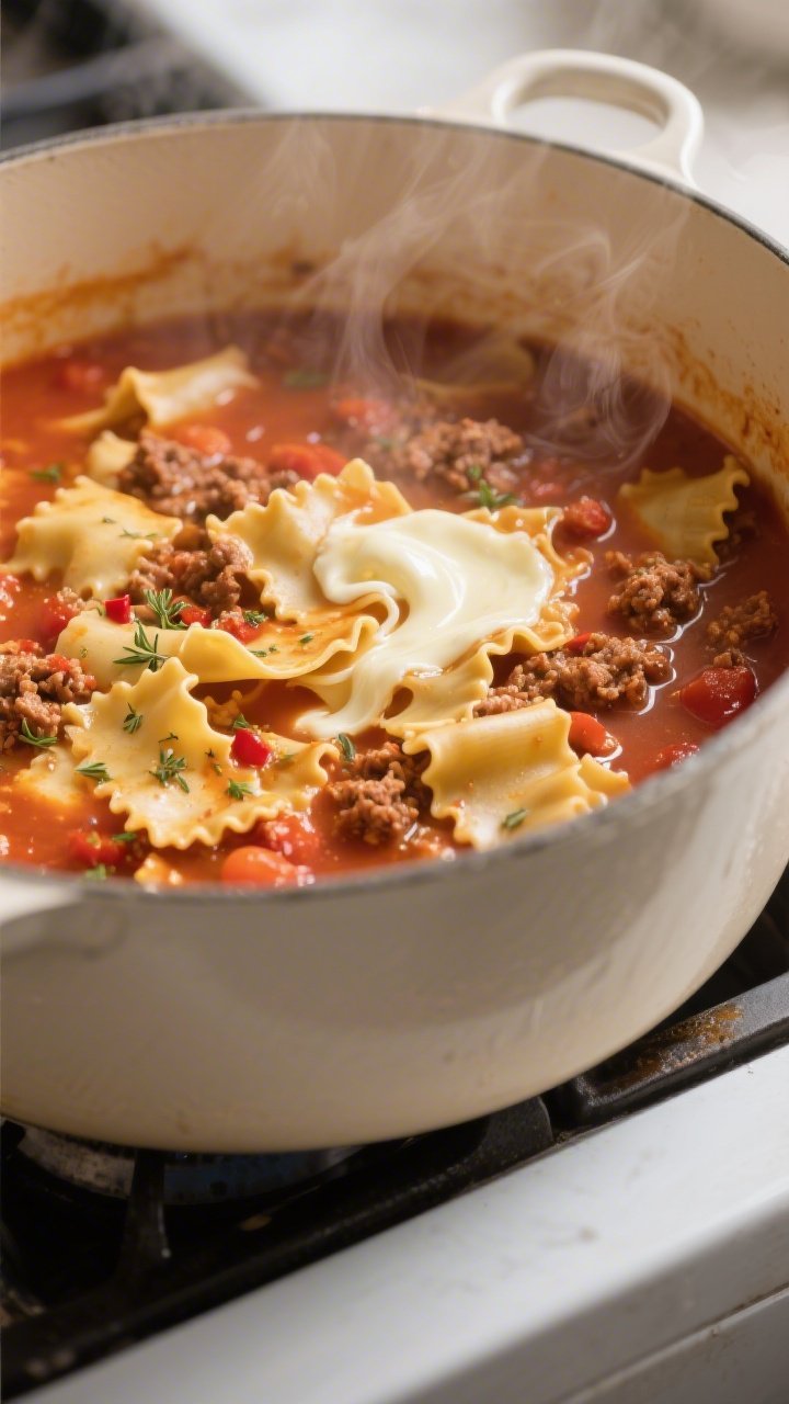 Cooking process: Lasagna soup simmering in a wide Dutch oven, close-up of broken lasagna noodles tur
