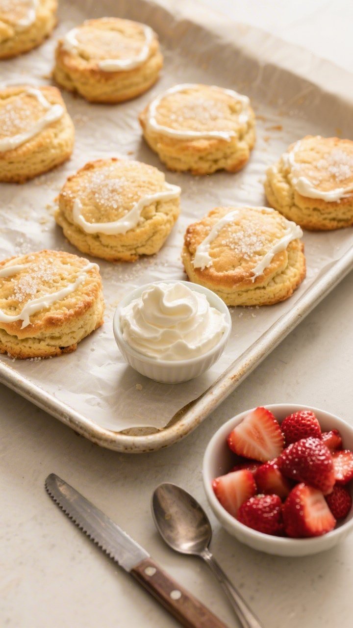 Cooking process: Overhead shot of just-baked shortcake biscuits on a parchment-lined sheet pan, gold