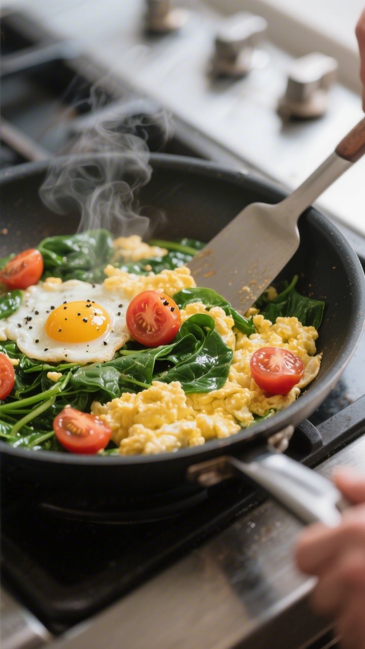 Cooking process: Veggie Egg Wrap — scrambled eggs just set and glossy in a nonstick skillet, wilte