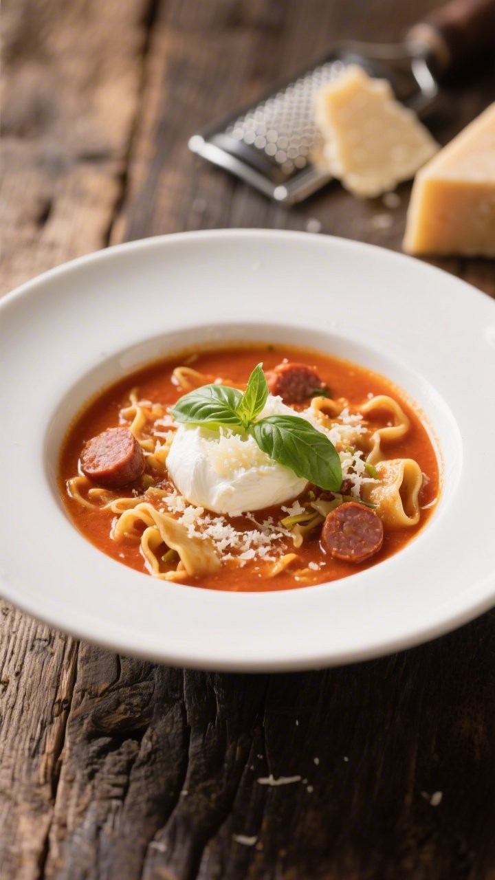 Final dish presentation: Beautifully plated bowl of lasagna soup on a matte white bowl over a rustic