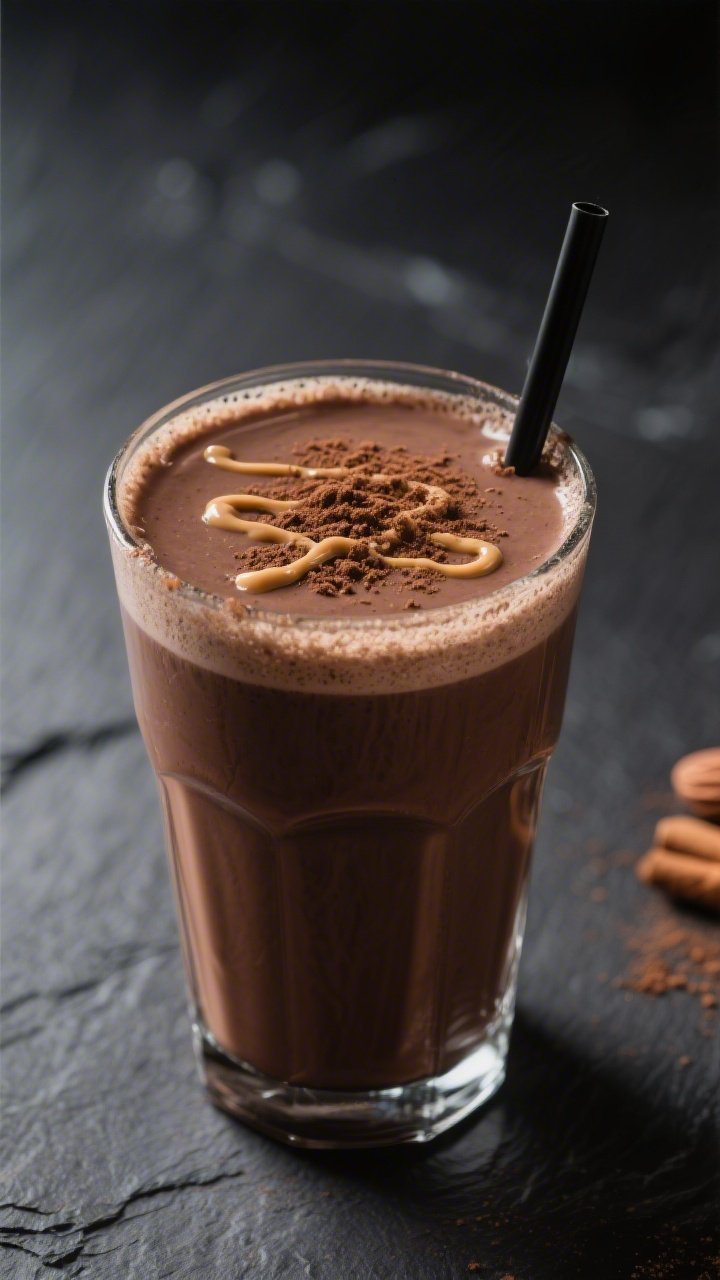 Final dish presentation: Chocolate Almond Protein Shake served in a tall glass, rich cocoa-brown and