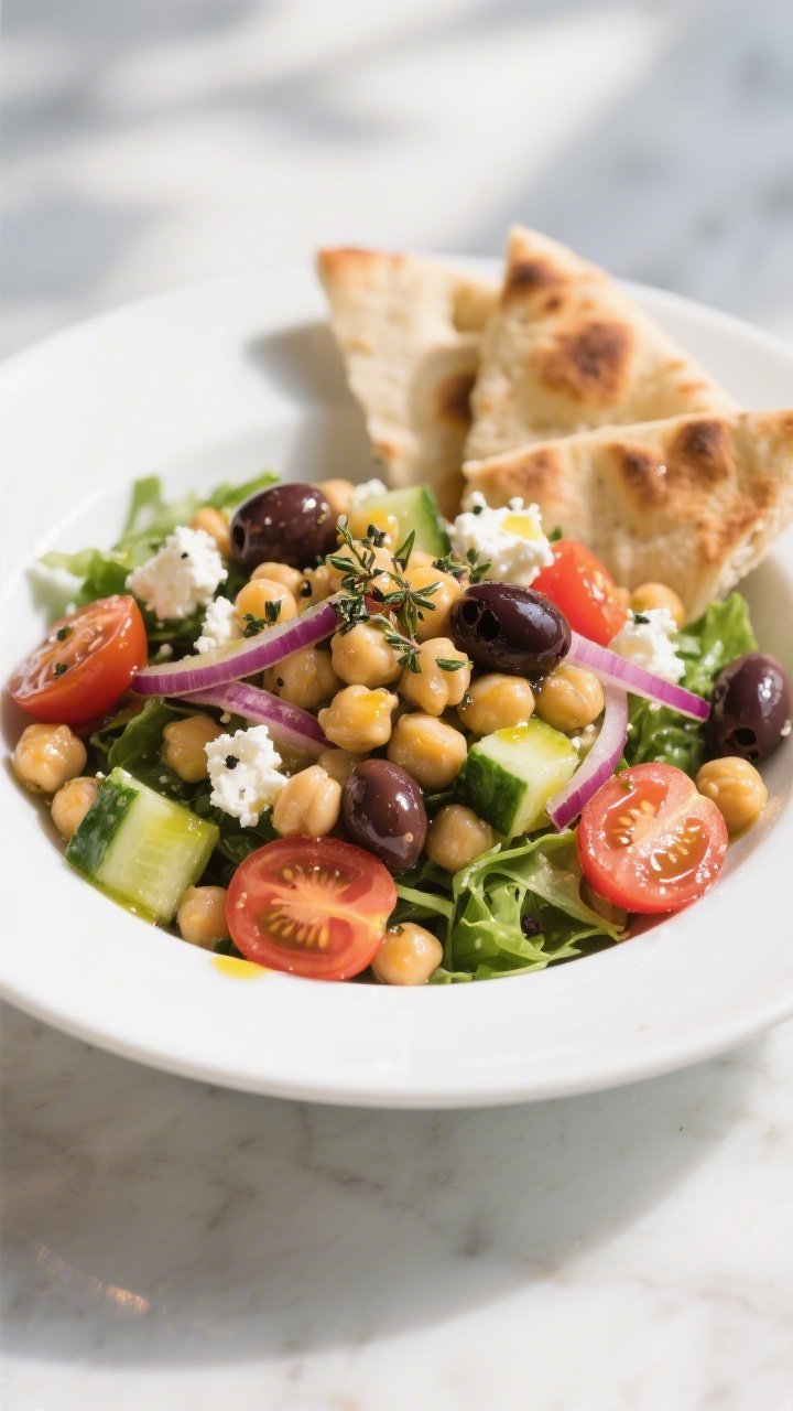 Final dish presentation: Mediterranean Chickpea Salad plated in a shallow white bowl—tender chickp