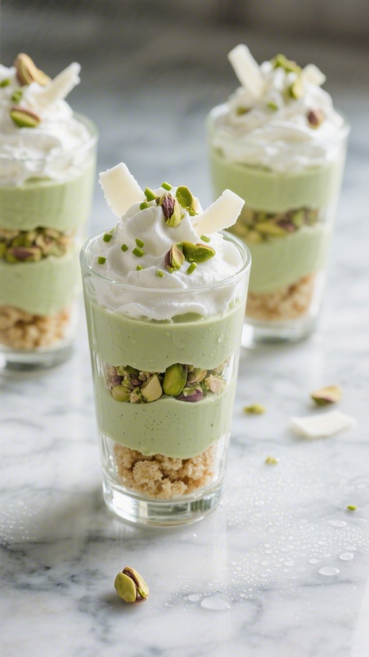 Final dish presentation: Pistachio Pudding Parfaits layered in clear glass tumblers—crumbled short