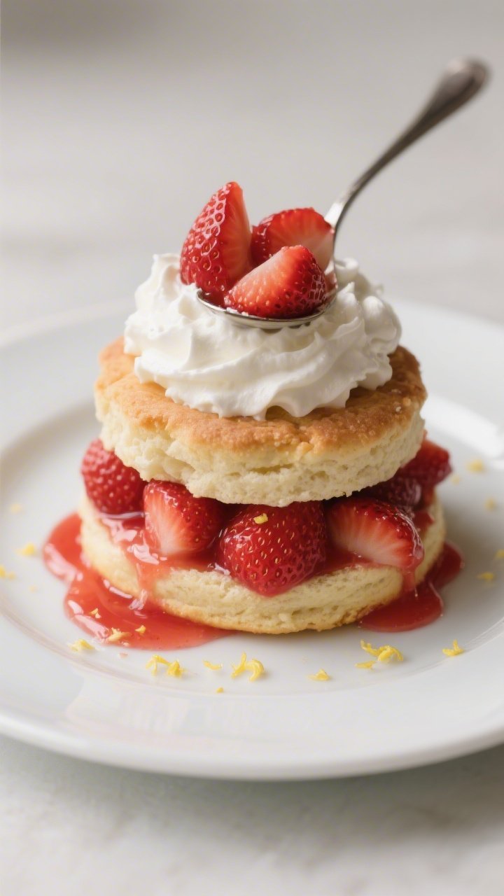 Final dish presentation: Restaurant-quality plated strawberry shortcake stack—bottom biscuit, gene