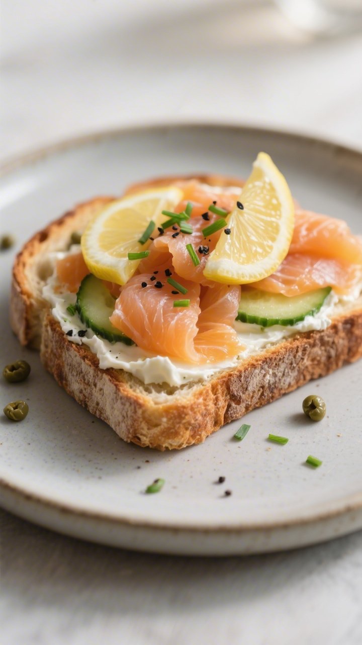Final dish presentation: Savory Sourdough With Smoked Salmon — beautifully plated toast on a matte