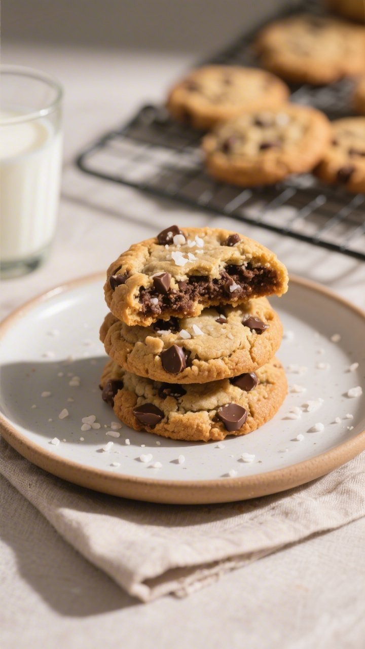 Final presentation: Restaurant-quality plate of 3 stacked, bakery-style chewy chocolate chip cookies