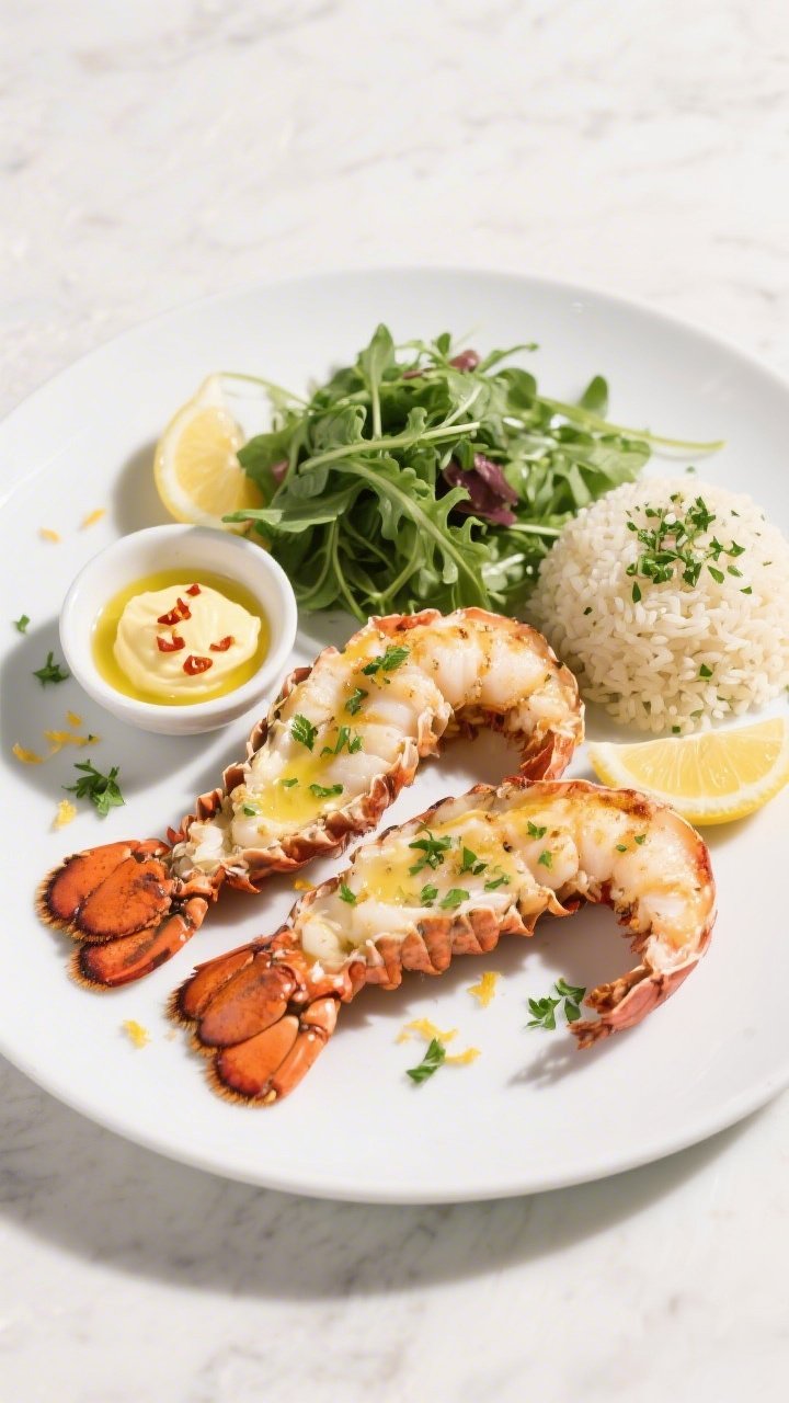 Tasty top view (final dish): Overhead shot of beautifully plated lobster tails on a matte white plat
