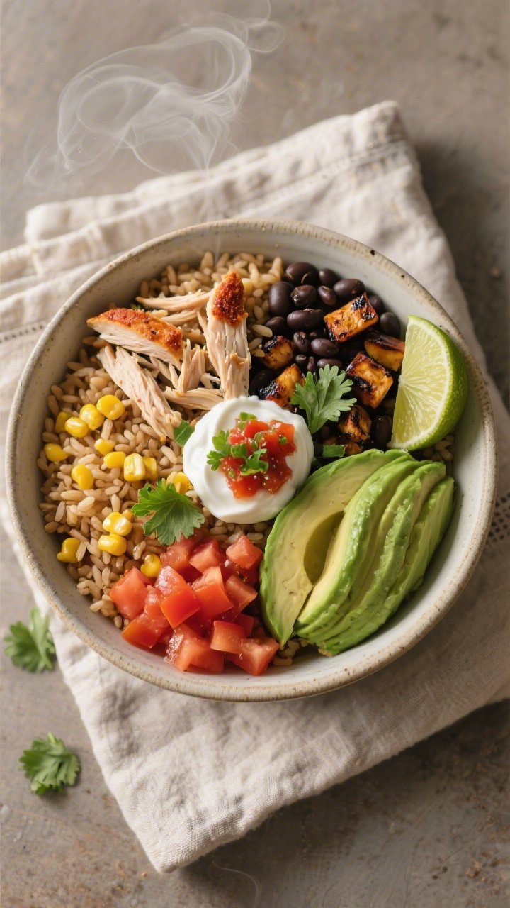 Tasty top view: Overhead shot of a Chicken and Rice Burrito Bowl, neatly composed quadrants of fluff