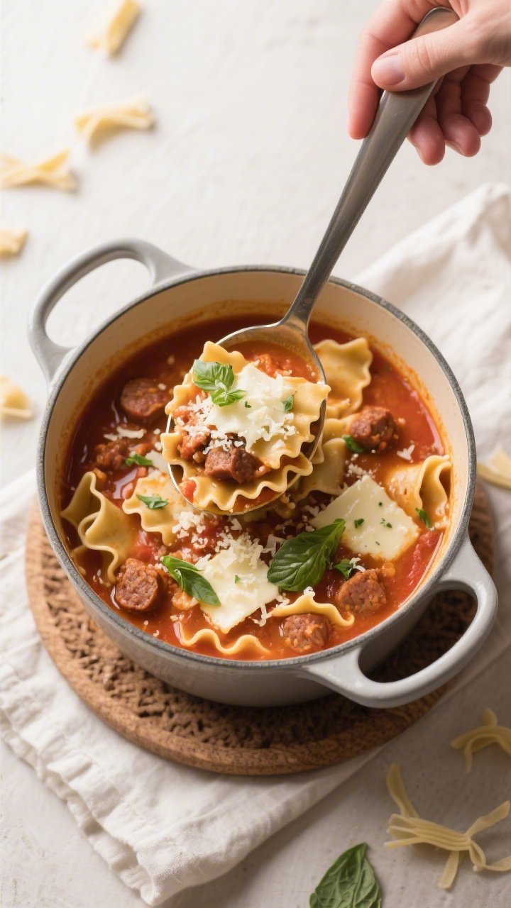 Tasty top view: Overhead shot of a ladle held over the pot (no hands visible) brimming with lasagna 