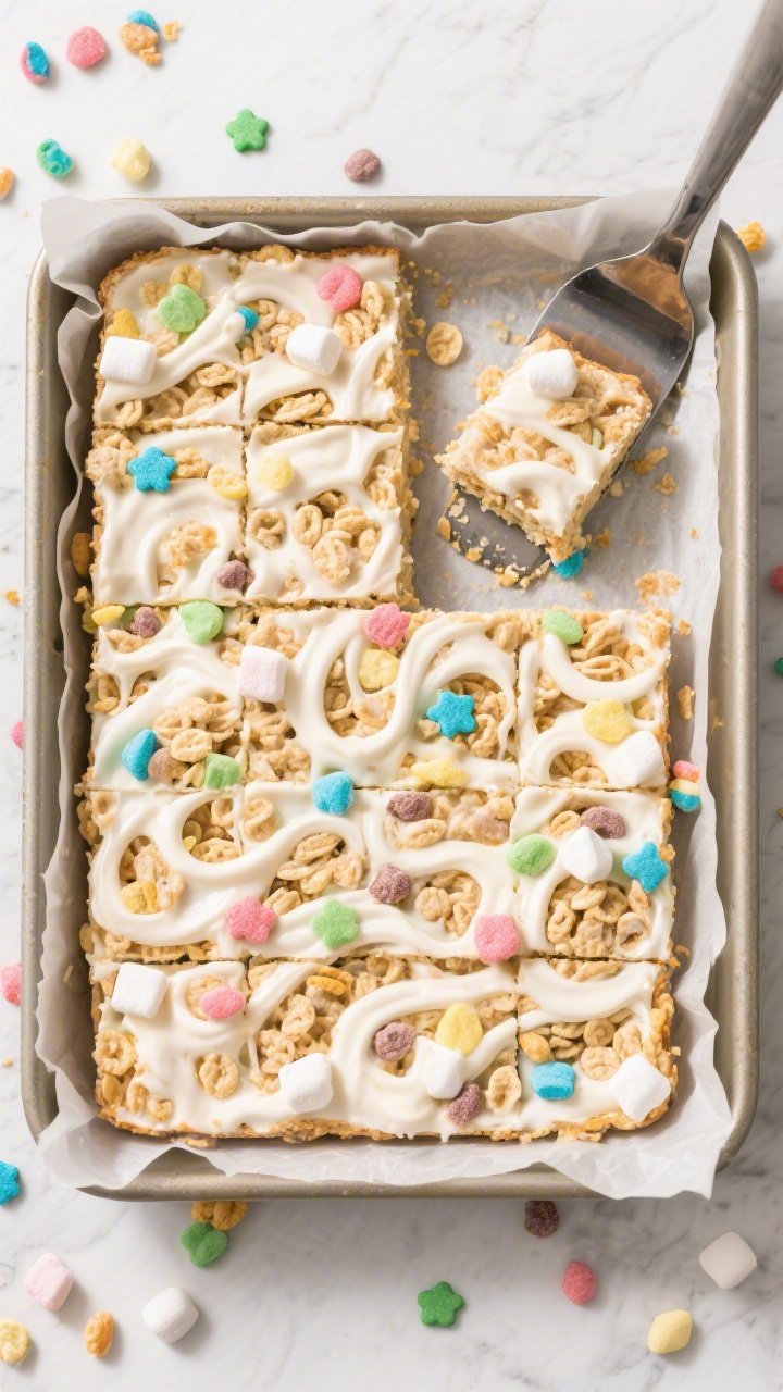 Tasty top view: Overhead shot of Lucky Charms Marshmallow Bars sliced in a lined 9x13 pan, showcasin