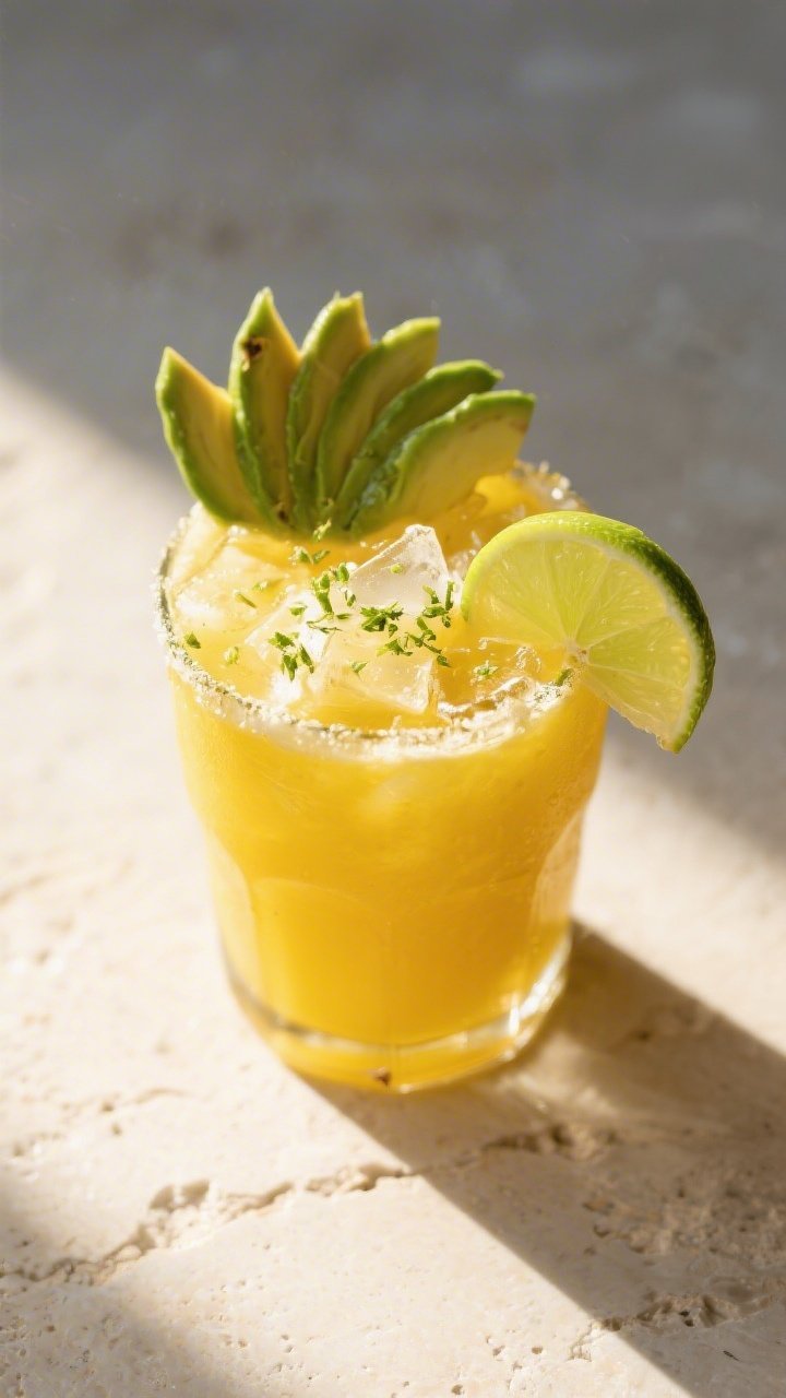 Tasty top view: Overhead shot of the Mango Pineapple Cooler in a short tumbler, vibrant golden-yello