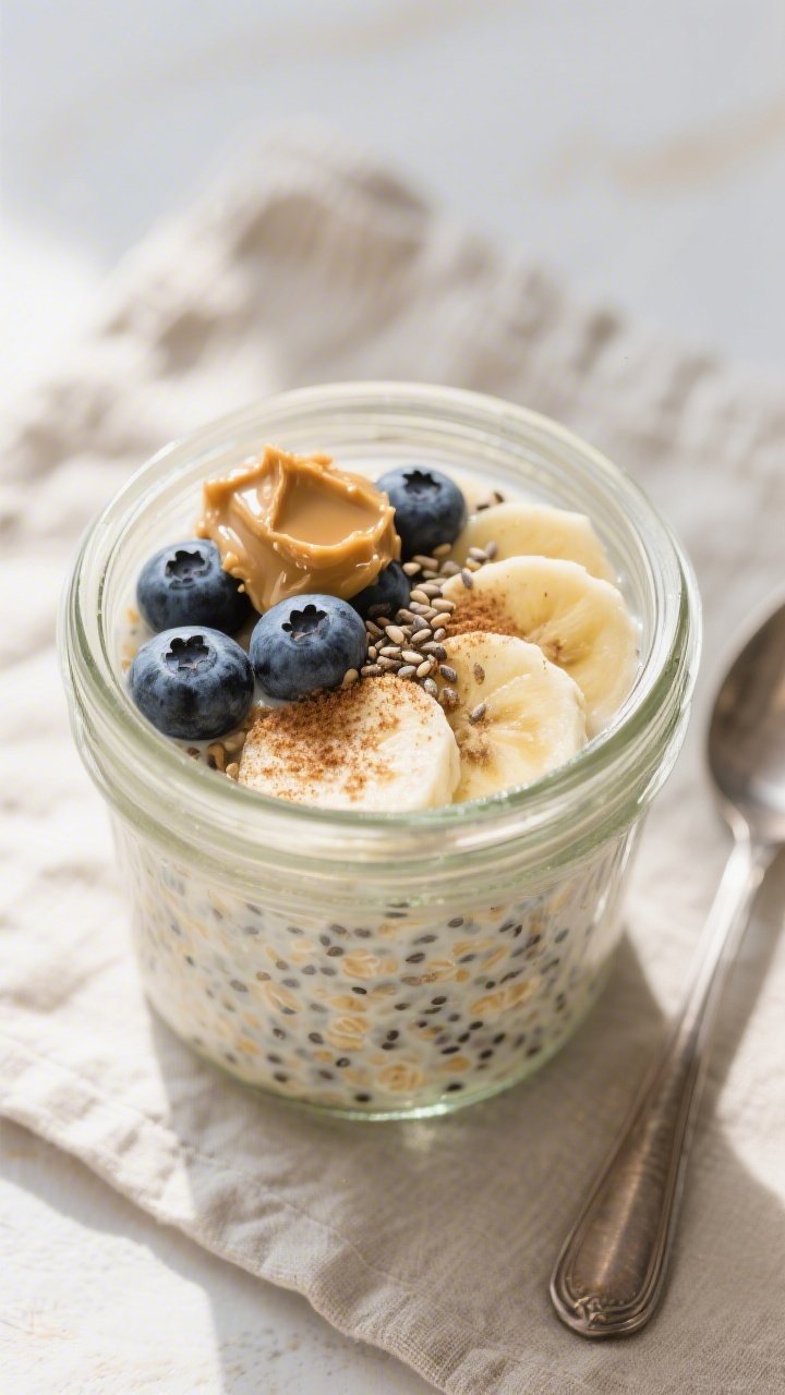Tasty top view: Overnight Oats — overhead shot of a glass jar filled with creamy cinnamon-speckled