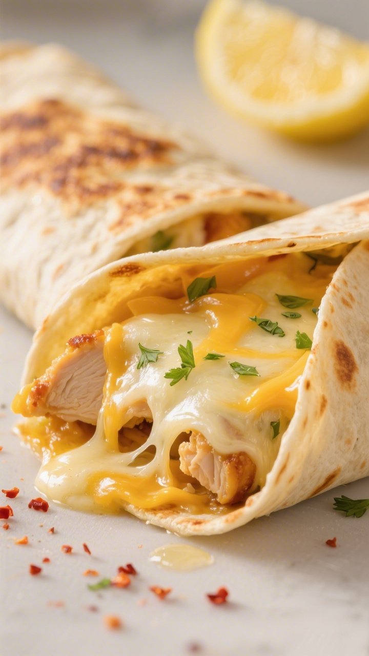 Close-up detail: A golden, pan-toasted Cheesy Garlic Chicken Wrap sliced on a diagonal, oozing melte