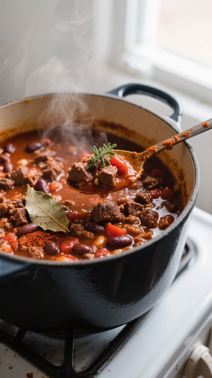 Close-up detail: A rich, simmering pot of classic beef and bean chili right after the spice bloom, s