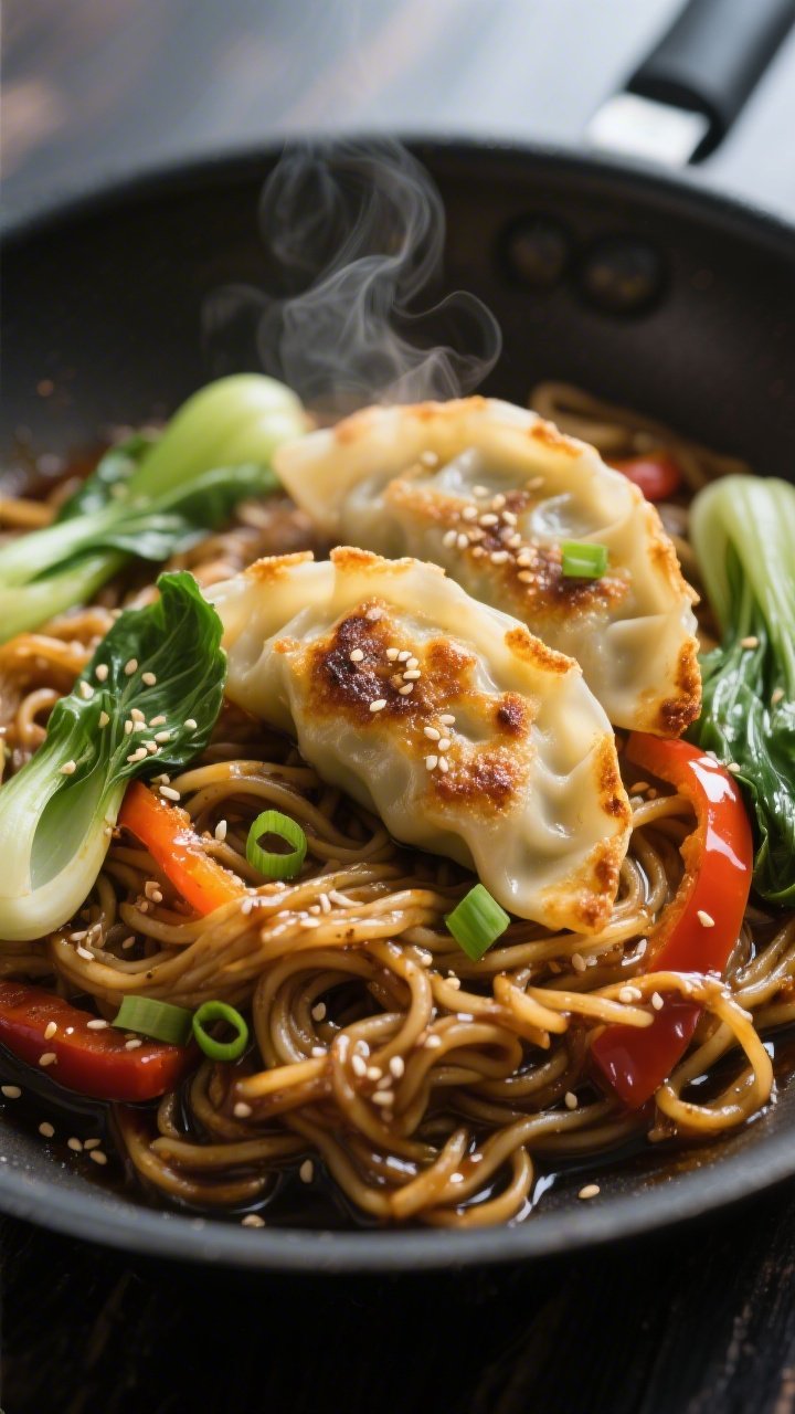 Close-up detail: Crispy-bottomed potstickers just returned to the skillet, nestled on a glossy tangl
