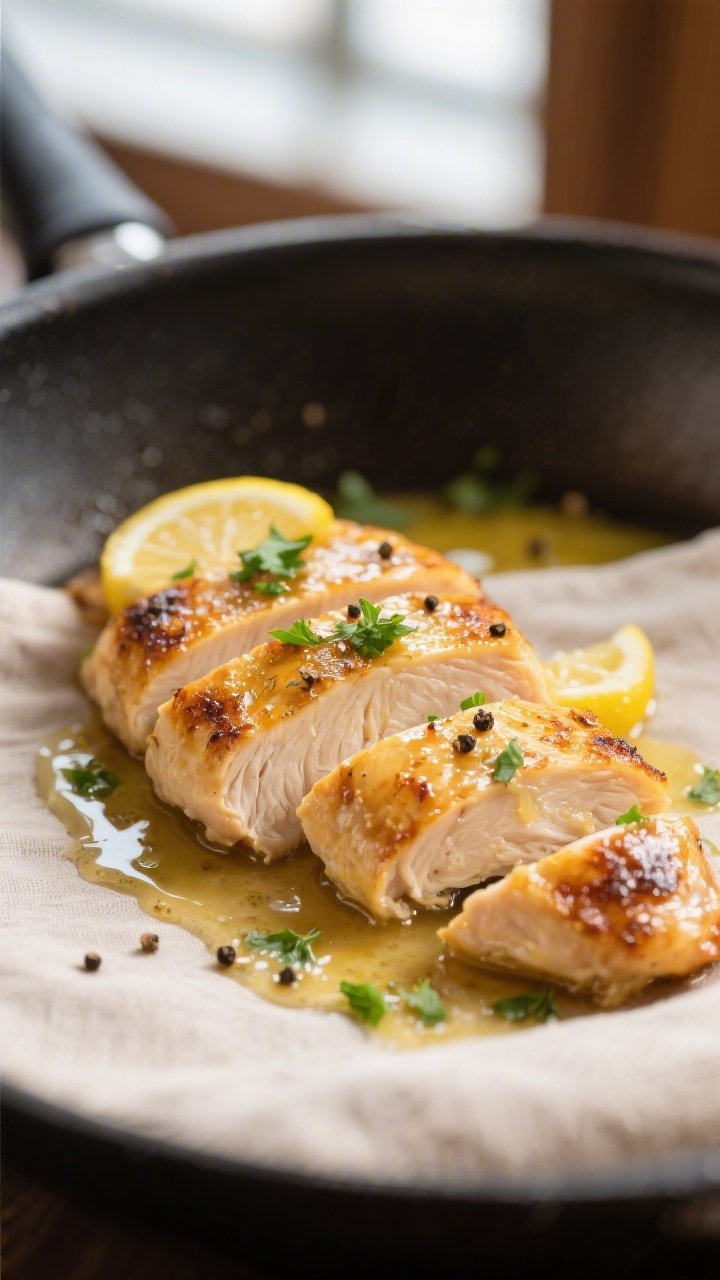 Close-up detail: Golden-seared chicken breast sliced against the grain, glistening with lemon-garlic