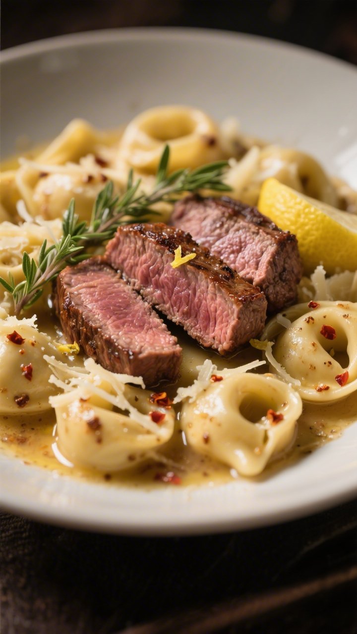 Close-up detail: Slices of seared sirloin steak nestled among cheese tortellini in a glossy garlic-b