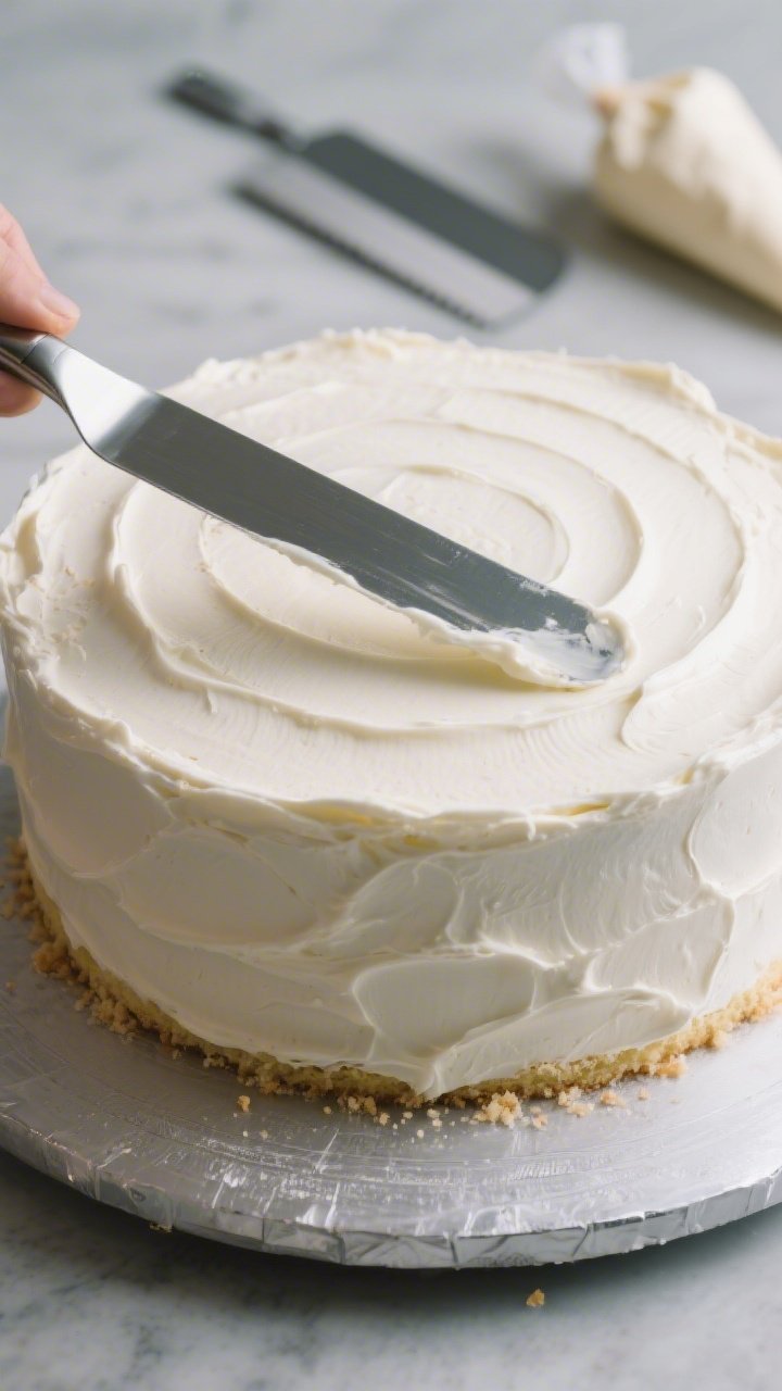 Close-up detail: Smooth buttercream frosting being crumb-coated onto a chilled, leveled 8-inch layer