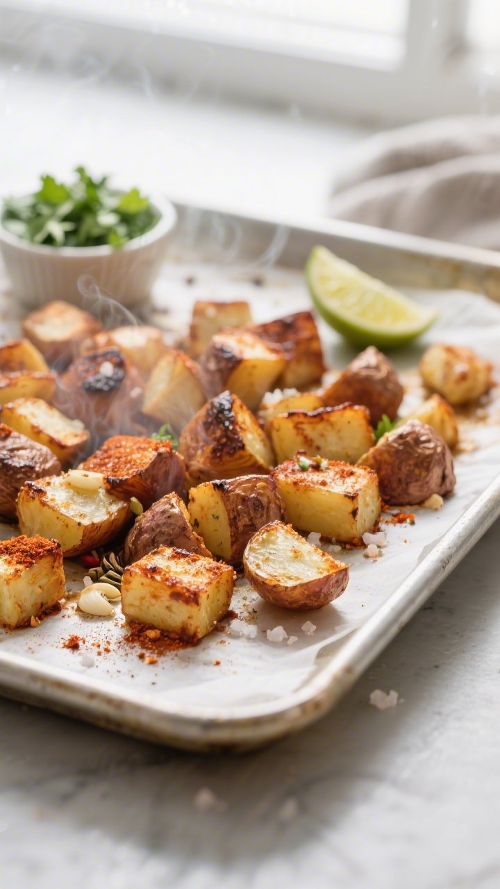 Cooking process close-up: Crispy roasted potato cubes sizzling on a sheet pan just after broiling, e