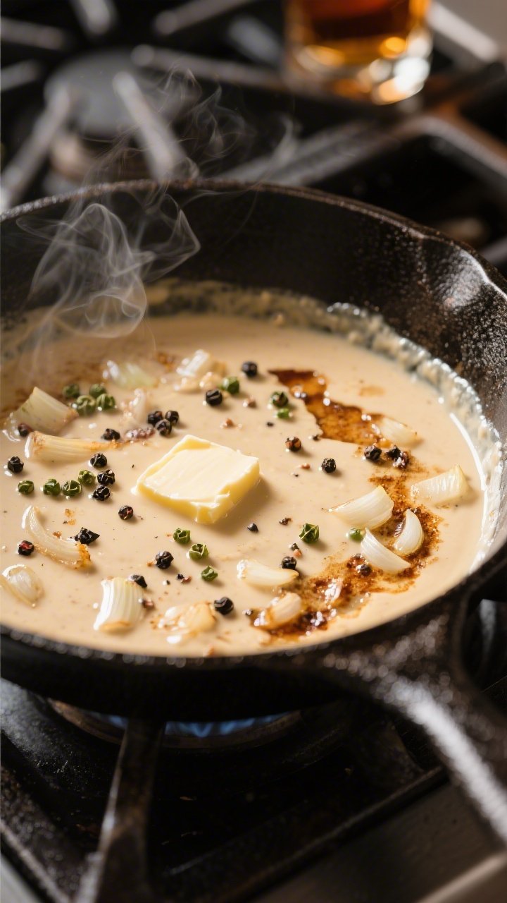 Cooking process close-up: In a well-seasoned cast-iron skillet, a creamy peppercorn pan sauce gently