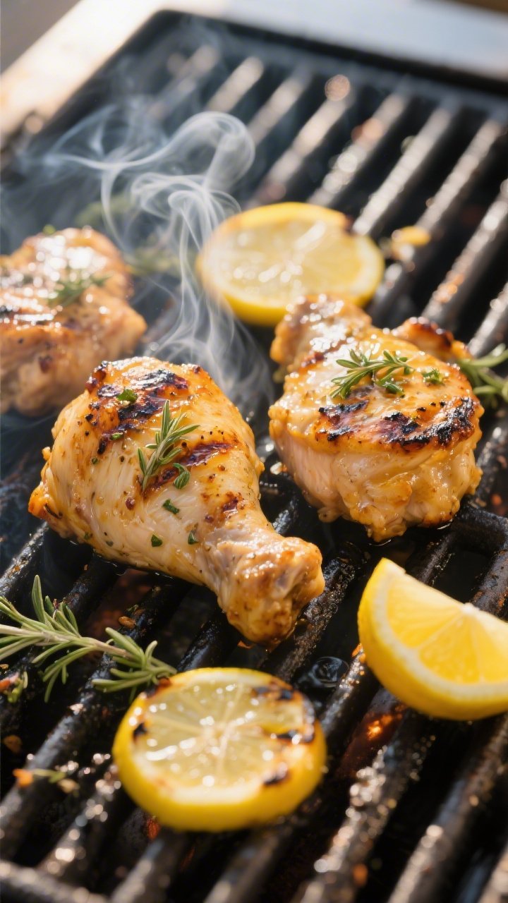 Cooking process – Grilled lemon-herb chicken on grates: Mid-action shot of marinated chicken thigh