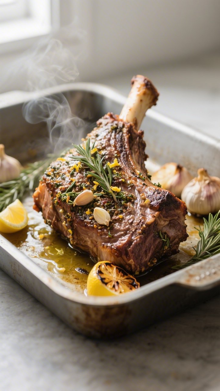 Cooking process: Herb-crusted leg of lamb just out of the hot oven, close-up of the browned, crackly