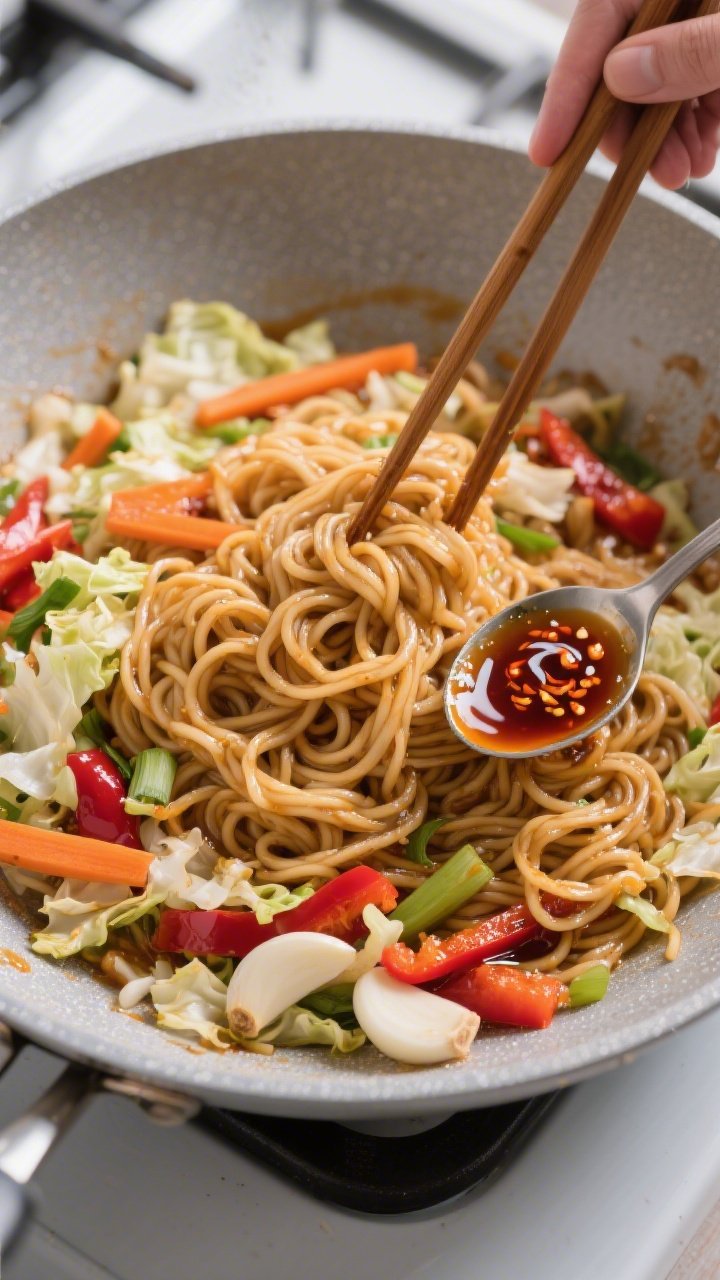 Cooking process: Overhead shot of the noodle bowl coming together in a large nonstick pan—sauce ju