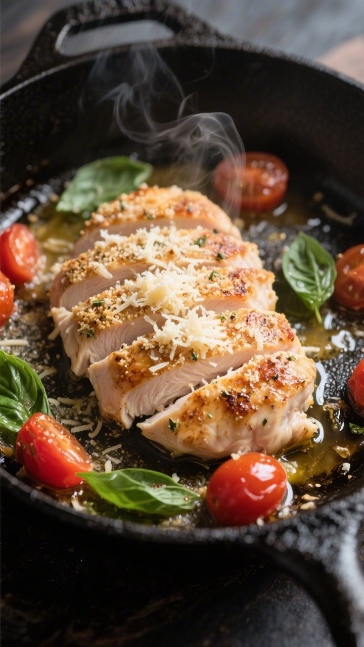 Cooking process: Parmesan crust finish in action—sliced chicken in a black skillet, freshly grated