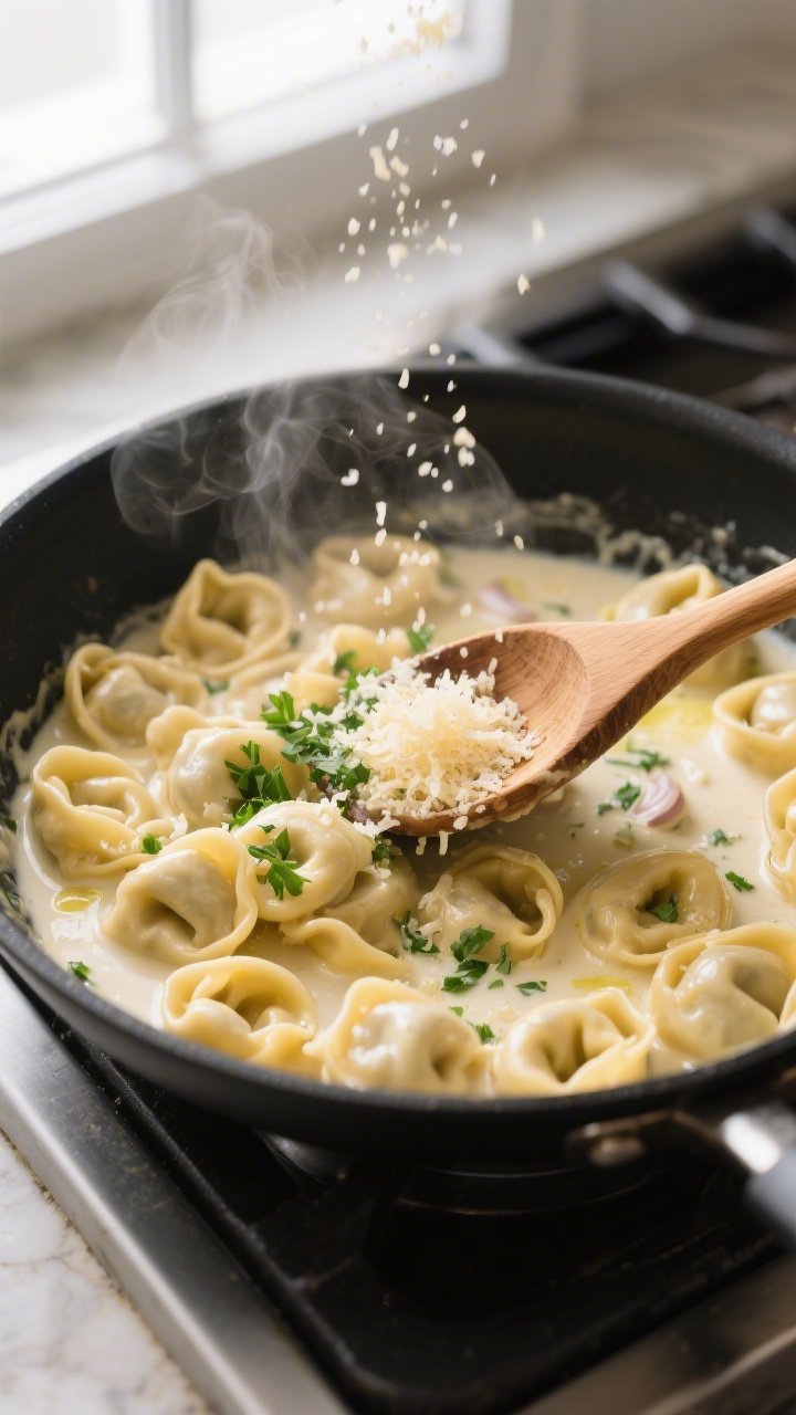 Cooking process: Tortellini being tossed in a large black skillet with the silky deglazed garlic-but