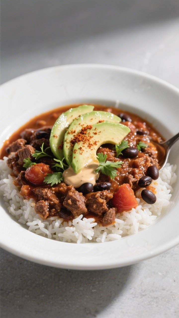Final dish beauty: Restaurant-quality presentation of chili over fluffy white rice in a wide, shallo