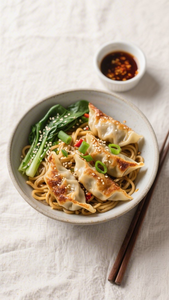 Final dish presentation: Restaurant-quality bowl of Potsticker Noodle Bowl plated for serving—pots