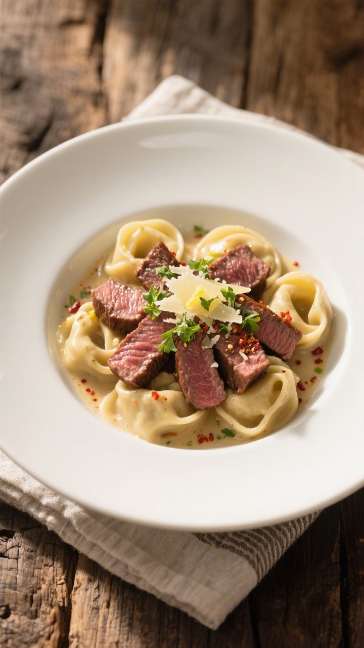 Final dish presentation: Restaurant-quality plate of Garlic Steak Tortellini served in a wide, shall