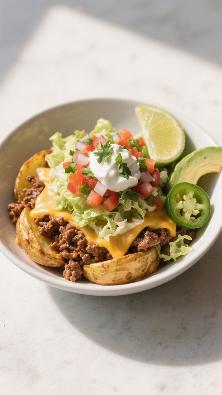 Final plated bowl beauty shot: Loaded Potato Taco Bowl in a wide, matte white bowl—base of golden 