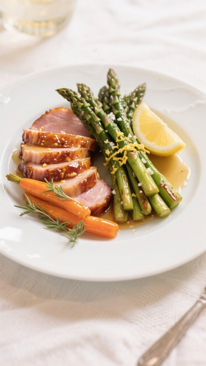 Final plated dish: Beautifully arranged Easter spread plate featuring thick slices of honey-Dijon gl