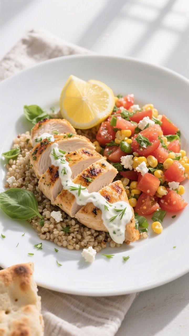 Final plated dish – Complete summer dinner plate: Beautifully plated sliced grilled lemon-herb chi
