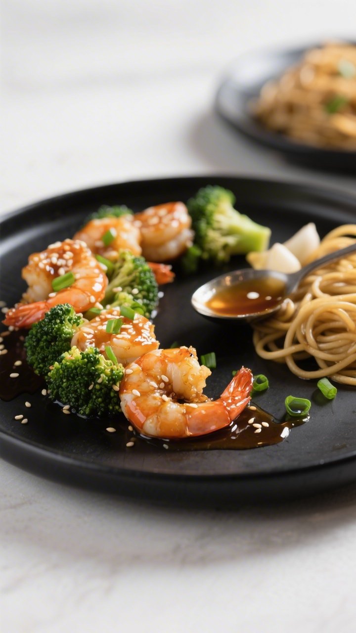 Final plated hero shot: Restaurant-quality presentation of Honey Garlic Shrimp and Broccoli on a mat
