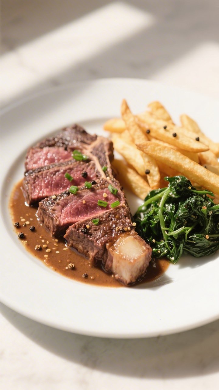 Final plated steak with sauce: Bistro-style presentation of a medium-rare ribeye sliced and fanned o