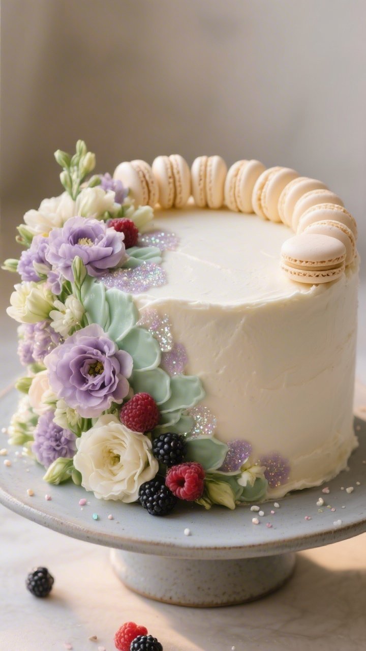 Final presentation glamour: Elegant florals design on a smoothly frosted buttercream cake in soft pa