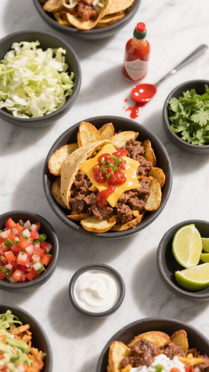 Overhead “build-your-own” top view: Tasty top-down shot of multiple assembled bowls and componen