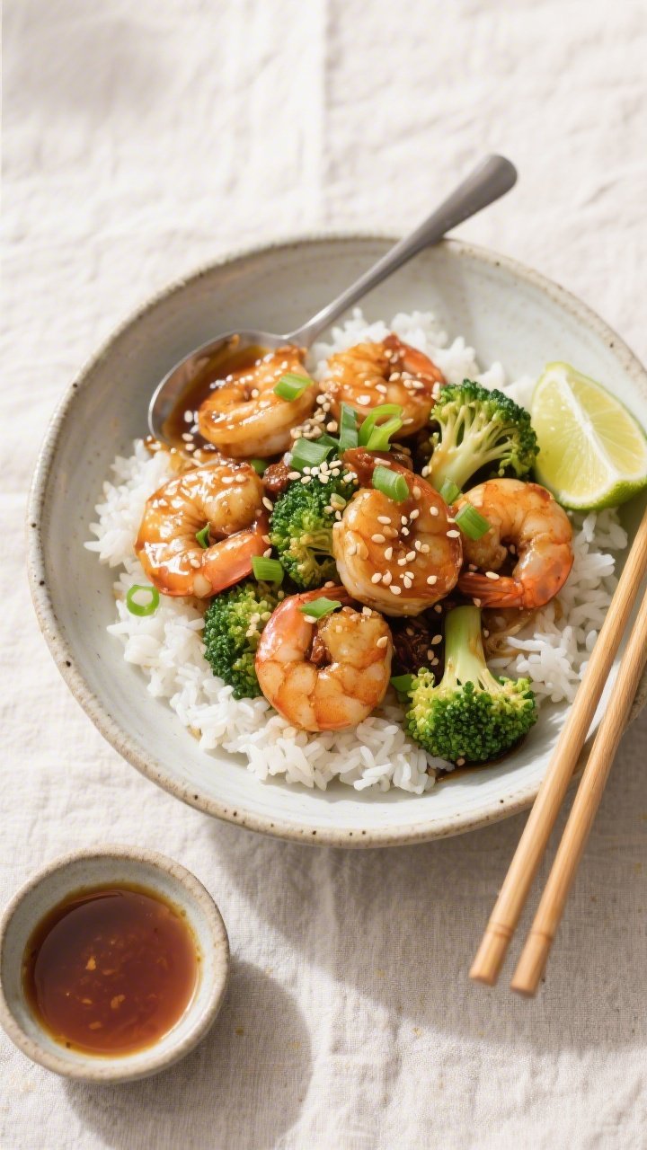 Overhead tasty top view: Honey Garlic Shrimp and Broccoli spooned over fluffy white jasmine rice in 