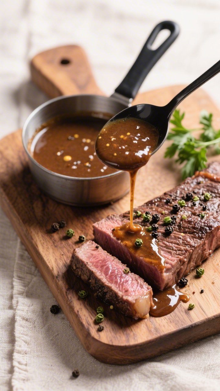 Overhead “tasty top view” serving moment: Top-down shot of a small saucepan of glossy peppercorn