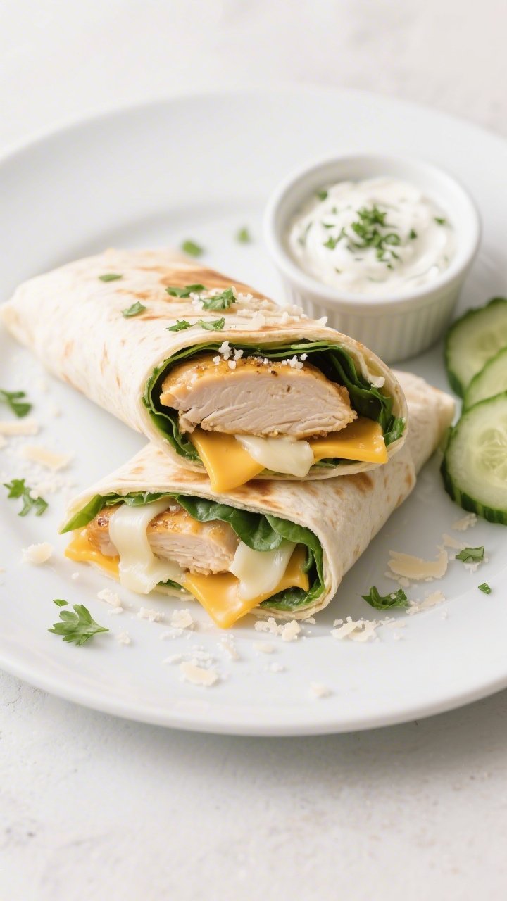Tasty top view: Overhead shot of a finished Cheesy Garlic Chicken Wrap halved and stacked on a matte