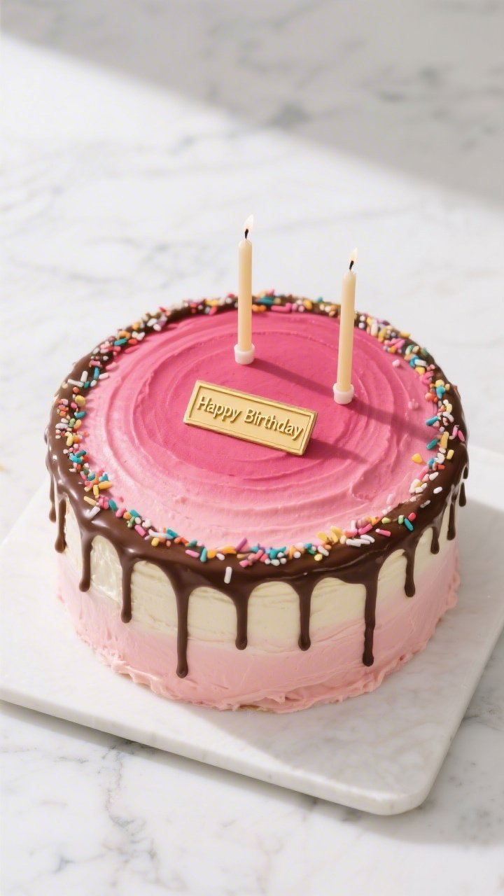 Tasty top view: Overhead shot of a finished ombre buttercream birthday cake transitioning from deep 