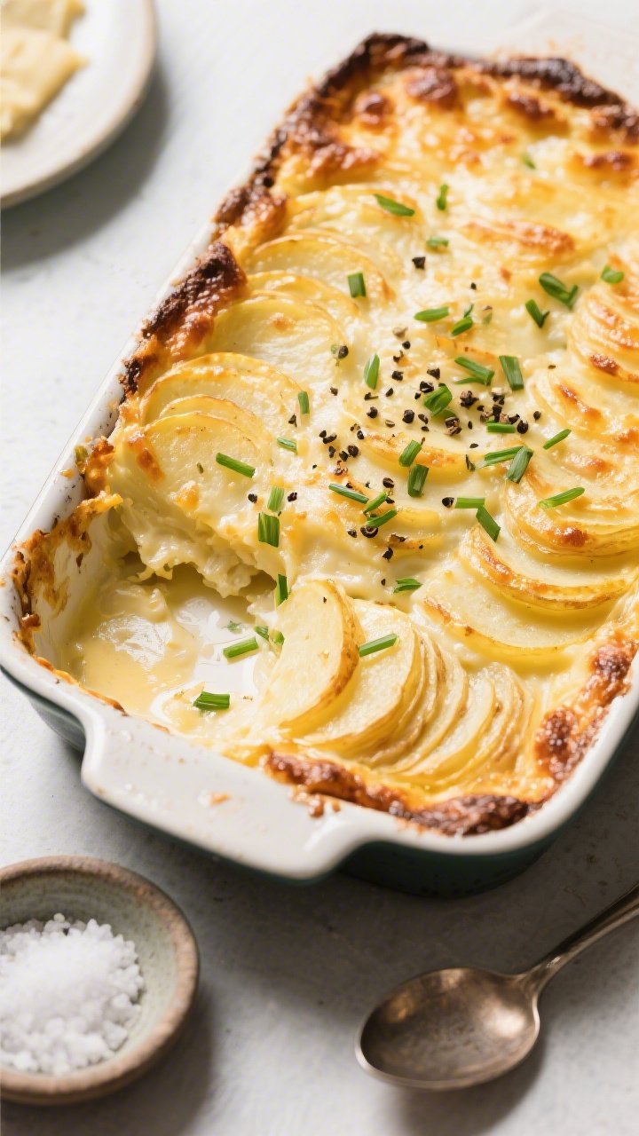 Tasty top view: Overhead shot of creamy scalloped potatoes in a rustic, buttered baking dish—golde